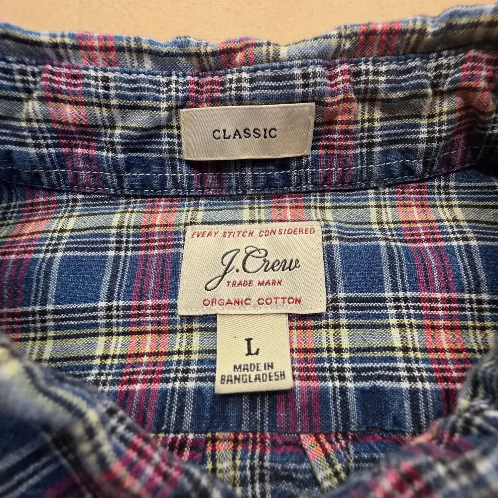 J.Crew Organic Cotton Indigo Chambray Plaid Button-Down Shirt Blue Red Sz Large